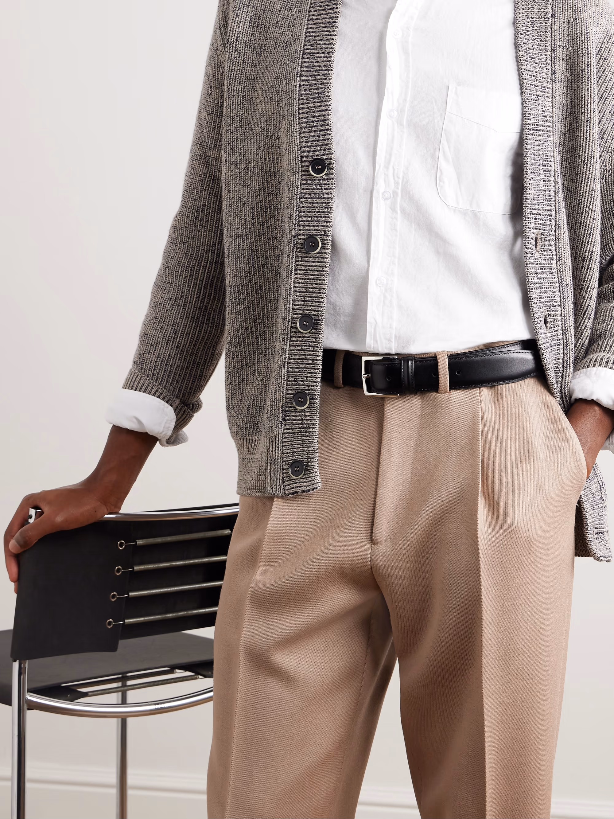 Refined casual — black belt on chinos