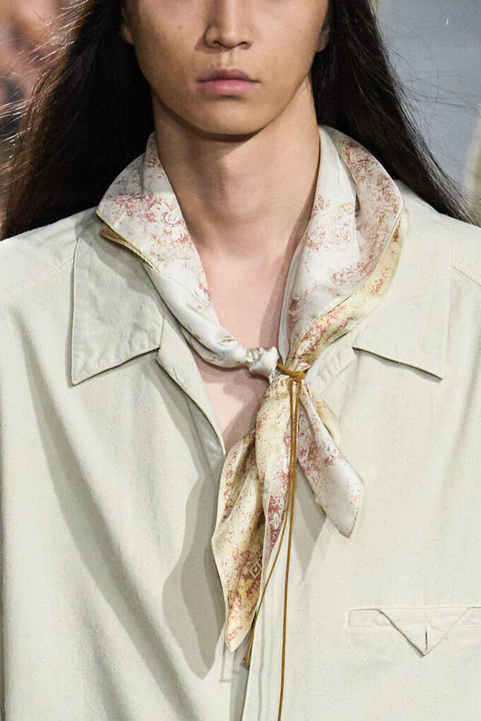 Ornate — geometric print tie on open collar